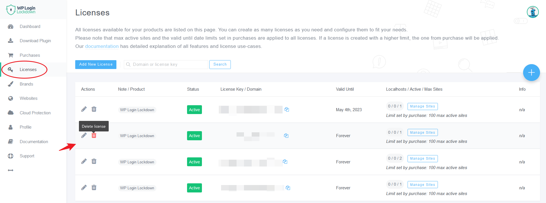 Dashboard delete license