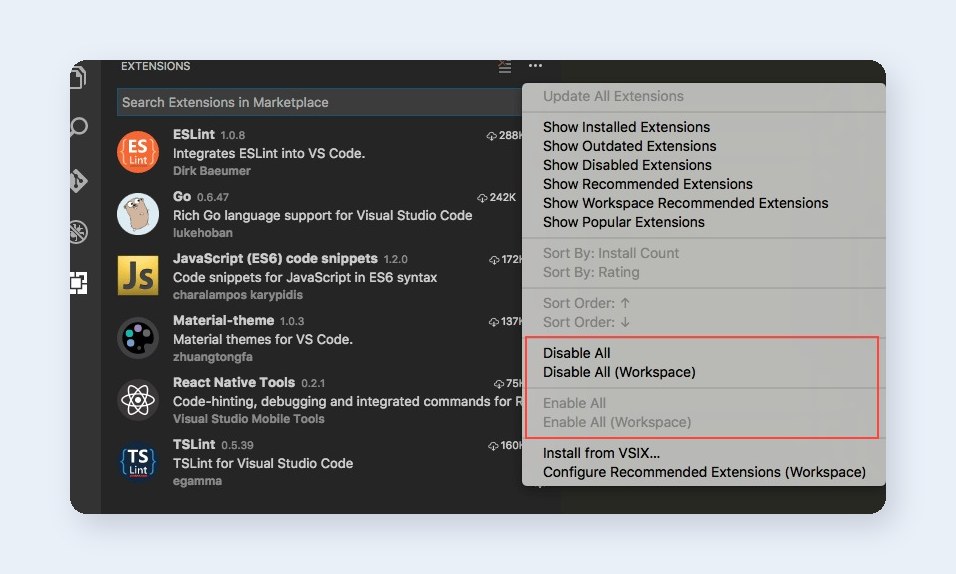 Code editor Extensions panel menu with Disable All option