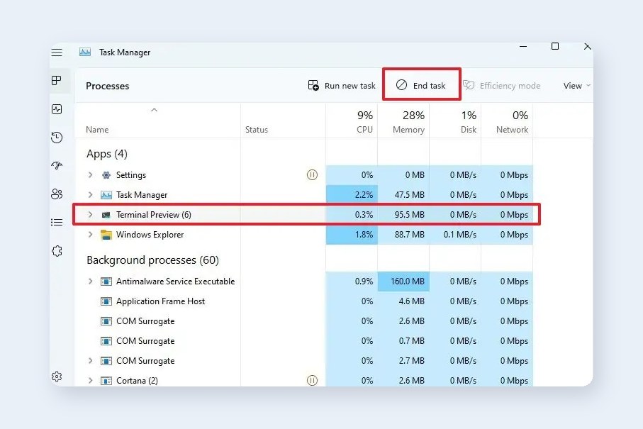 Windows Task Manager with End task button for a frozen app