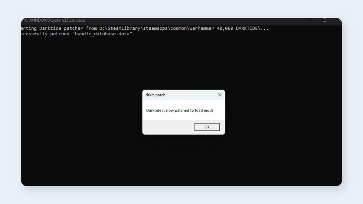 Darktide mod patcher confirming the bundle database was patched