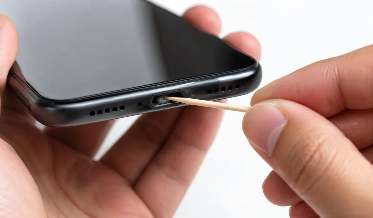 Hand using toothpick to clean smartphone charging port