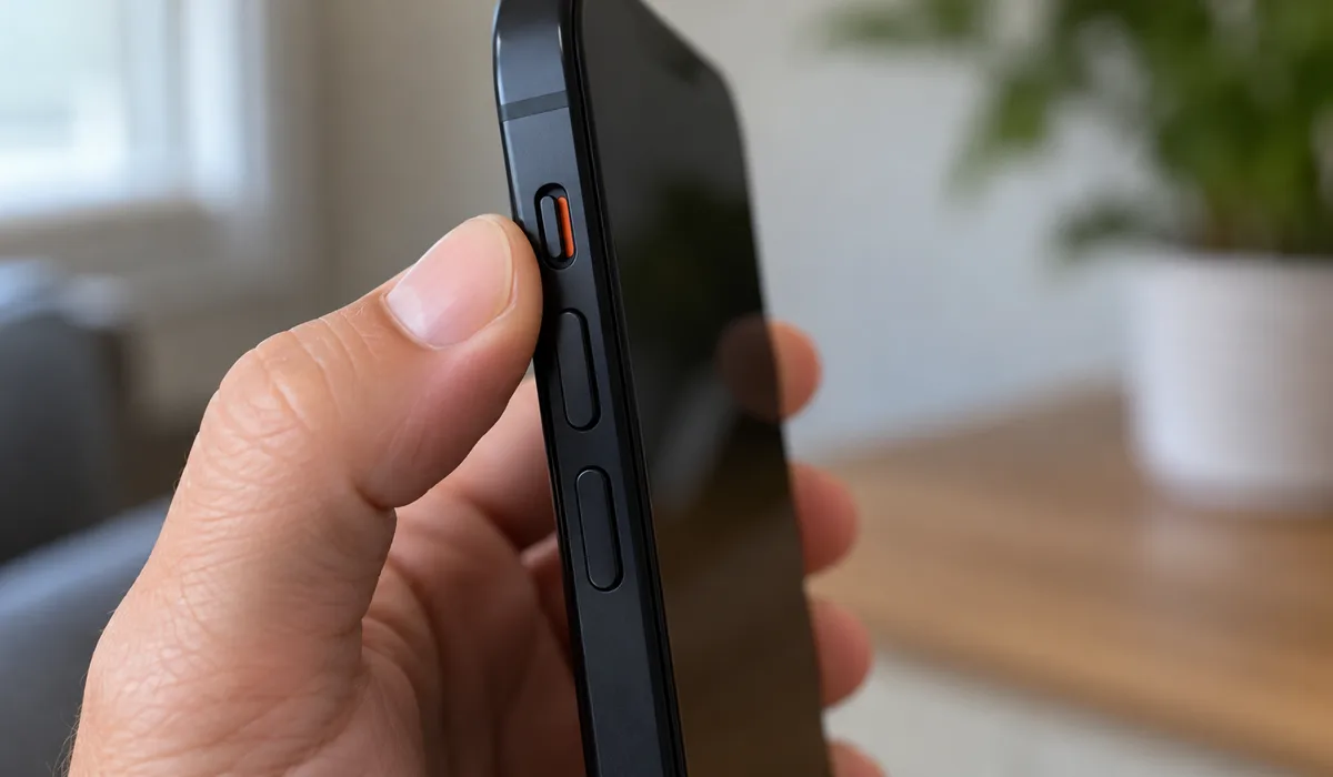 Finger toggling the ring silent switch showing orange