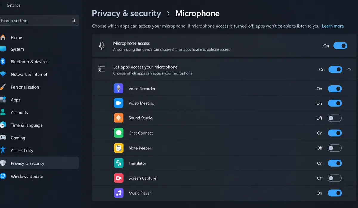 Windows 11 microphone privacy settings with app toggles