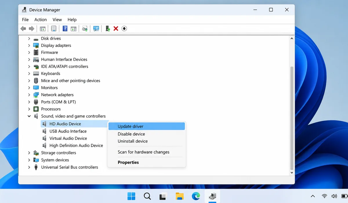 Device Manager open showing audio driver right-click menu