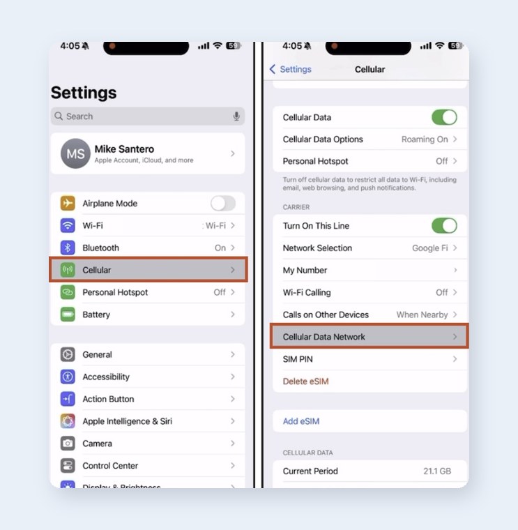 iPhone Cellular settings with Cellular Data Network option