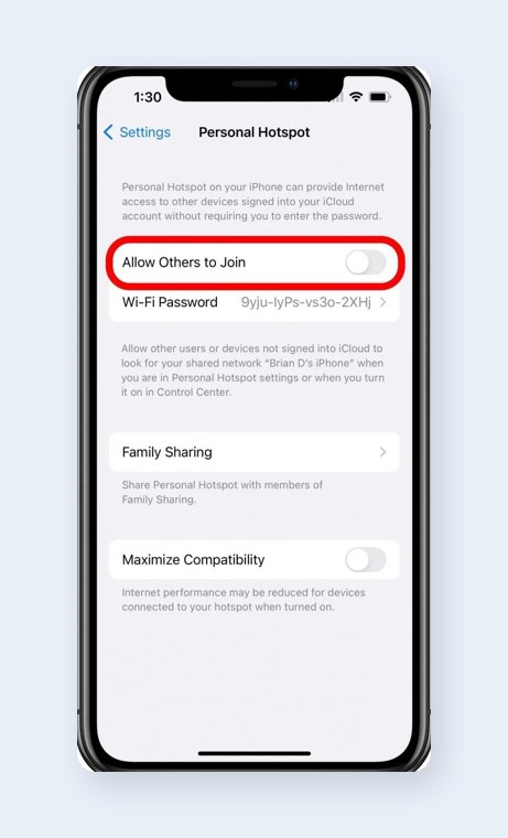 iPhone Personal Hotspot settings with Allow Others to Join toggle