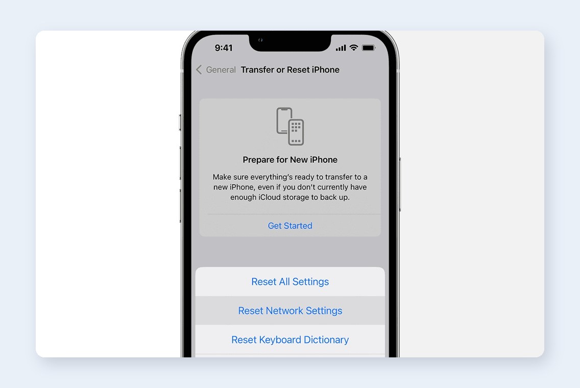 iPhone Transfer or Reset menu with Reset Network Settings option