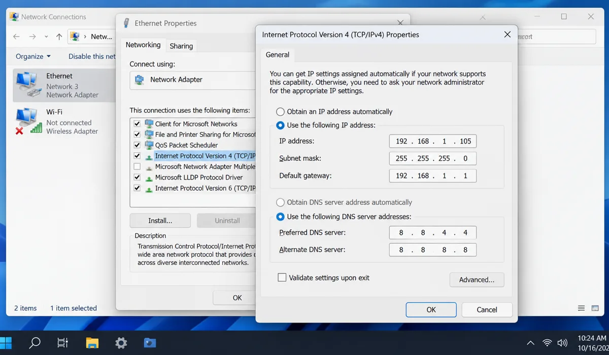 Network adapter DNS settings fields with custom addresses entered